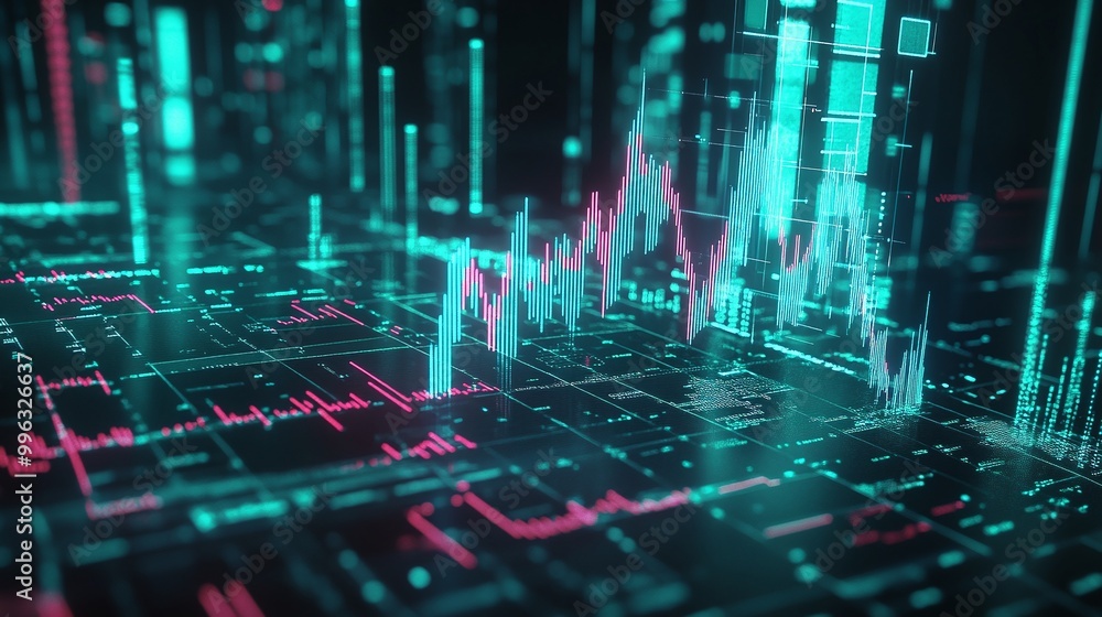 Poster abstract digital chart with vibrant colors showcasing data trends and metrics in a futuristic settin