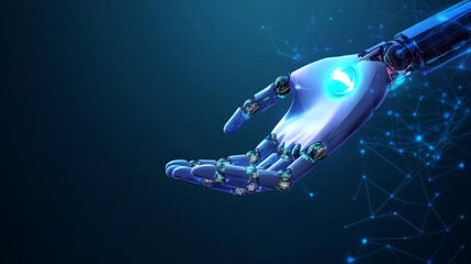 Fototapeta premium A concept of machine learning or artificial intelligence technology, featuring a graphic of a robot hand holding the AI symbol. Futuristic elements, such as glowing lines or circuit patterns, enhance 
