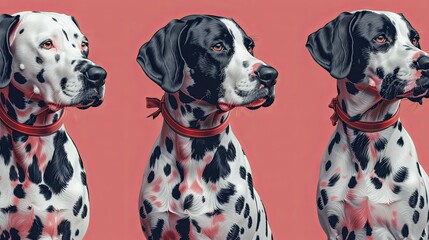 Seamless pattern with Dalmatian dogs with red ribbons on their necks on a pink background. Vector graphics