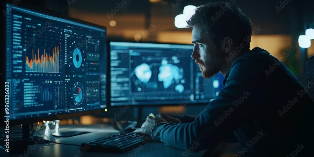 Aufkleber journalist engaged in data analysis, soft light highlighting charts and graphs, focused on extractin
