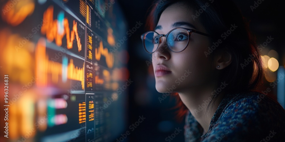 Poster journalist engaged in data analysis, focused on survey insights, illuminated by soft light, surround