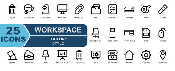 workplace icon set.outline style,line tbeal.contains trash,delete,coffee break,coffee cup,table lamp,monitor,desktop,paper clip,file,document,checklist,task.