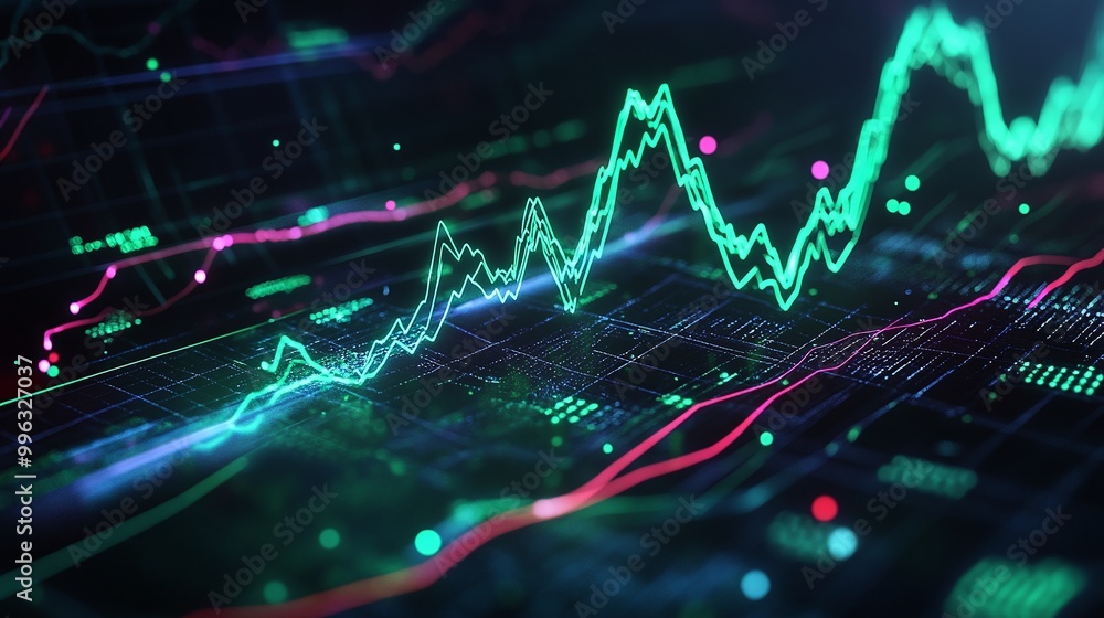 Poster abstract digital data analytics with bright neon lines and graphs depicting trends and statistics.