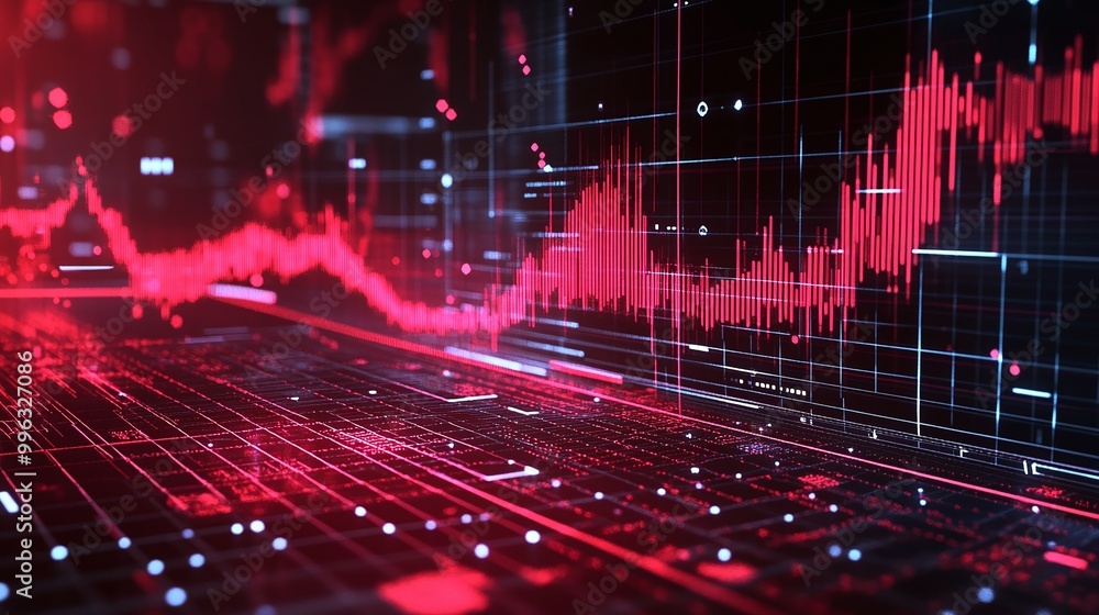 Poster abstract digital data chart with red lines on a black background, representing financial or technolo