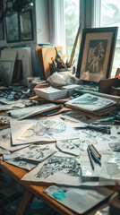 Creative Chaos: Artist's Desk with Scattered Paper Sketches and Pencils