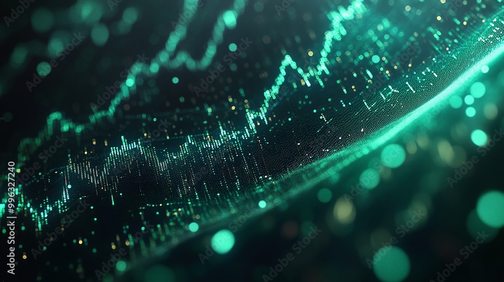 Poster abstract digital data flow with glowing lines and particles on a dark background.