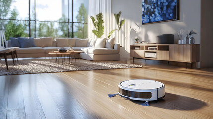 A cleaning robot efficiently vacuuming a spacious living room in a smart home