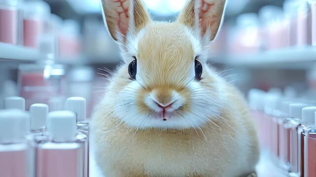A fluffy rabbit in a bright cosmetic lab, surrounded by product samples, symbolizing cosmetic testing and research