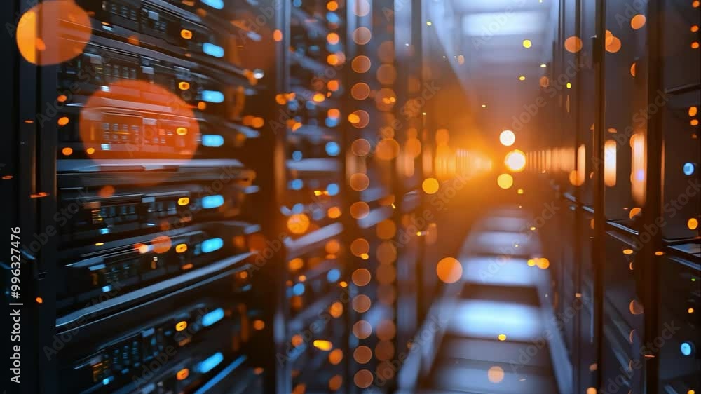 Poster a data center with rows of server racks, illuminated by orange and blue lights, creating a futuristi