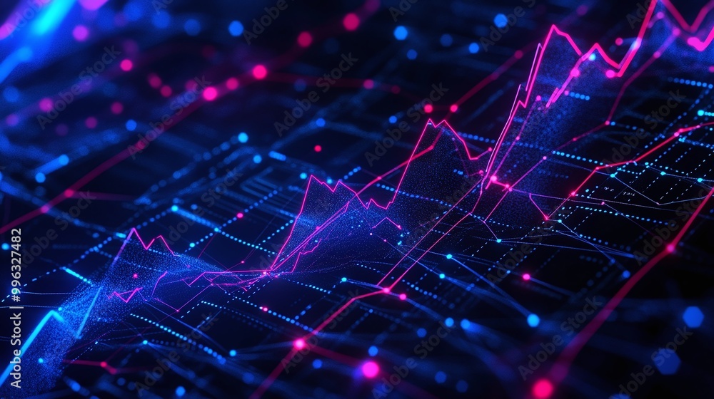 Poster abstract digital data graph with vibrant blue and pink glowing lines representing trends and analyti