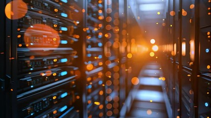 A data center with rows of server racks, illuminated by orange and blue lights, creating a futuristic ambiance.