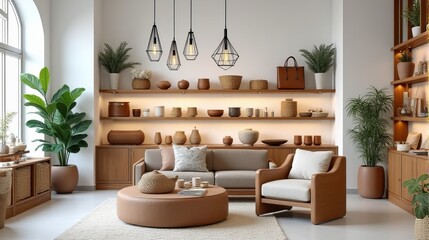Modern and Stylish Boutique Store With Wooden Furniture Interior That Showcases a Variety of Products Include Handcrafted Pottery and Variety of Home Decor