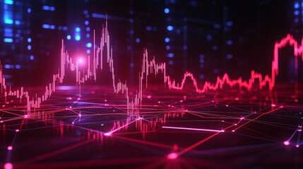 Abstract digital data visual representing financial market trends in vibrant pink and blue colors.
