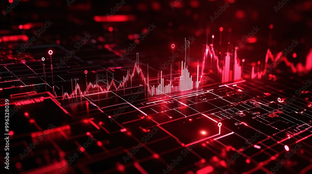 Poster abstract digital data visualization in red tones on a grid background, representing analytics and te