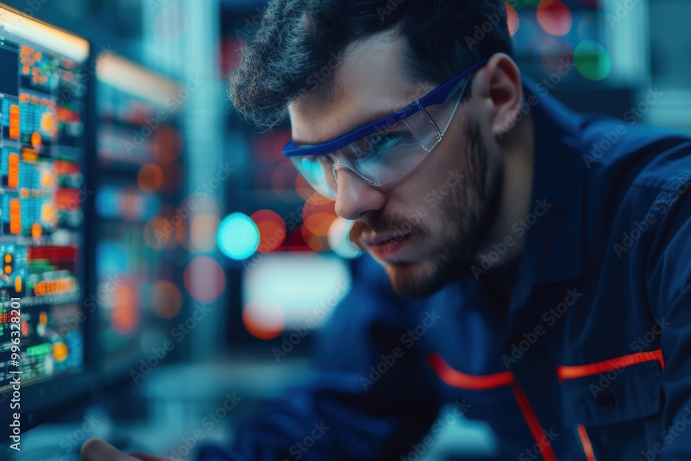 Poster a focused engineer wearing safety glasses analyzes data on multiple screens in a control room, showc