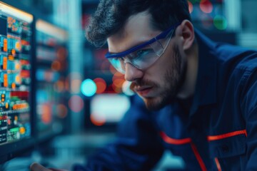 A focused engineer wearing safety glasses analyzes data on multiple screens in a control room, showcasing precision, technology, and high-tech operations.