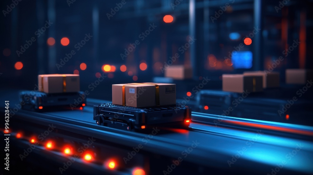 Poster packages moving on an automated assembly line in a modern warehouse environment.