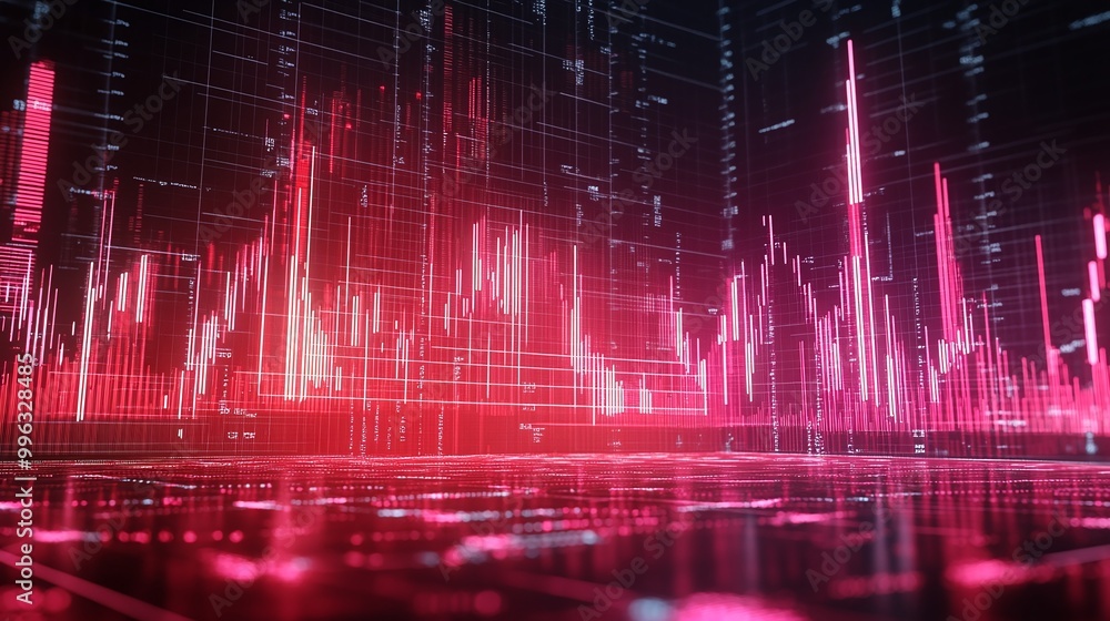 Poster abstract digital data visualization in vibrant pink tones, showcasing data trends and statistics on 