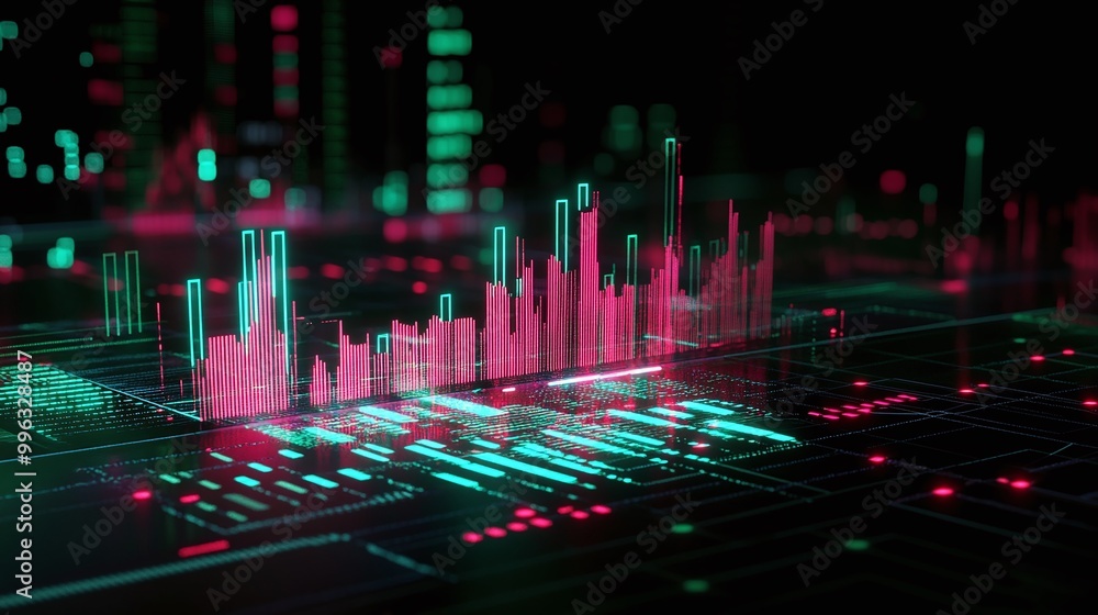 Poster abstract digital data visualization representing graphs and metrics with neon colors on a dark backg