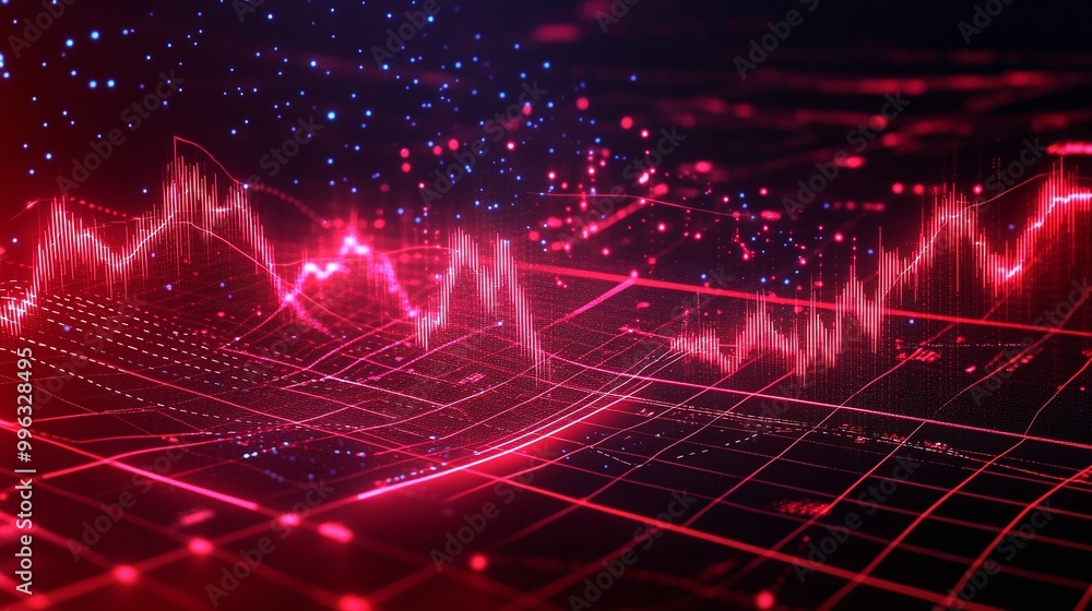 Poster abstract digital data visualization, red lines showcasing fluctuating statistics and trends on a dar