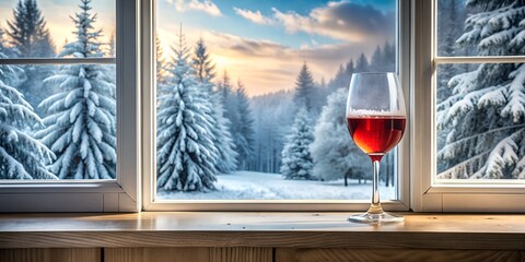 A glass of wine on the windowsill Winter weather outside the window AI-Created Content