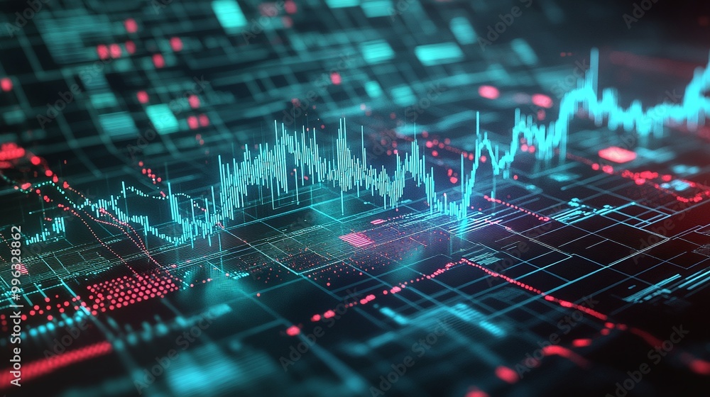 Poster abstract digital data visualization with blue and red graphs on a dark background.