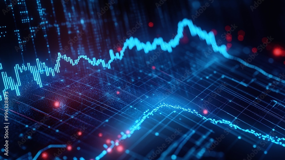 Poster abstract digital data visualization with blue lines on a dark background, representing trends and an