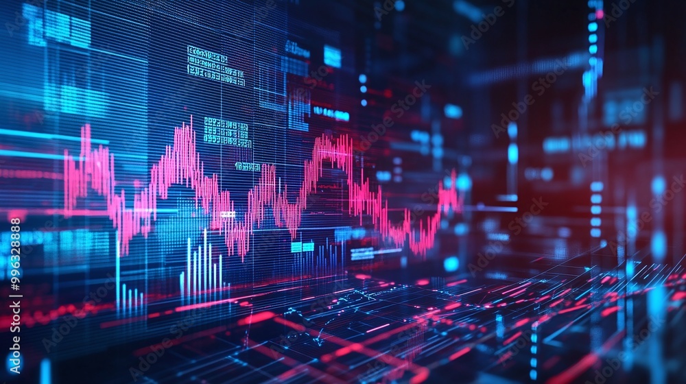 Poster abstract digital data visualization with bright lines and graphs representing financial trends.