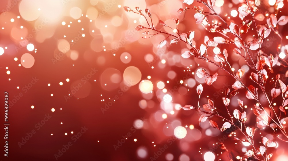 Poster red leaves with bokeh lights creating a magical atmosphere.