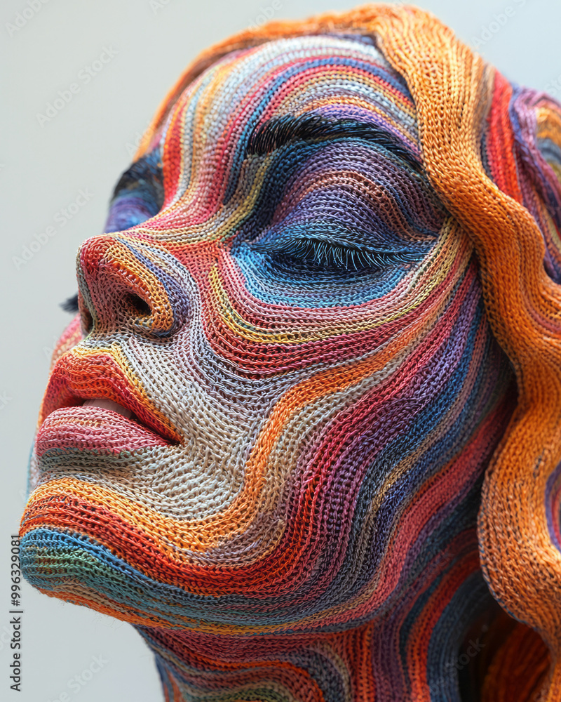 Poster a surreal portrait made from multicolored threads,