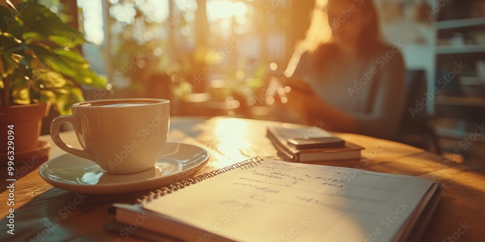Poster journalist crafting interview questions, notepad and coffee in soft light, creating an inviting and 