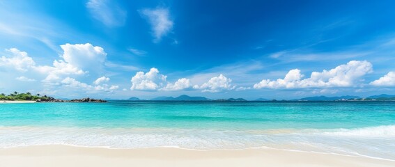 A gorgeous white sand beach and a rolling calm wave of turquoise ocean on a sunny day in the Maldives with a blue sky in the background.