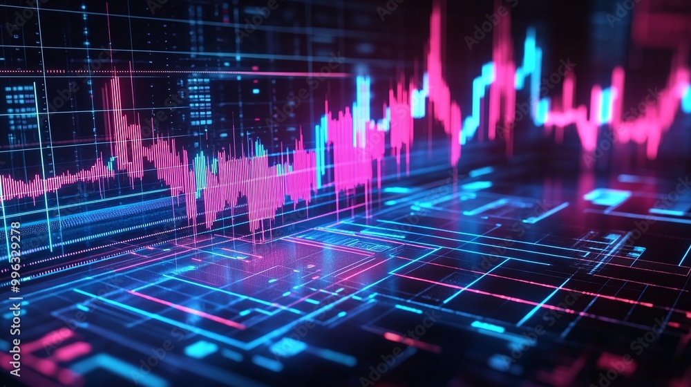 Poster abstract digital data visualization with colorful graphs and charts on a dark background.