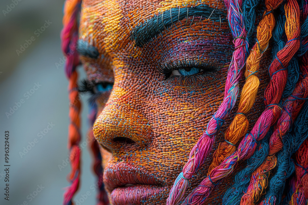 Poster a face crafted from tangled multicolored yarn,