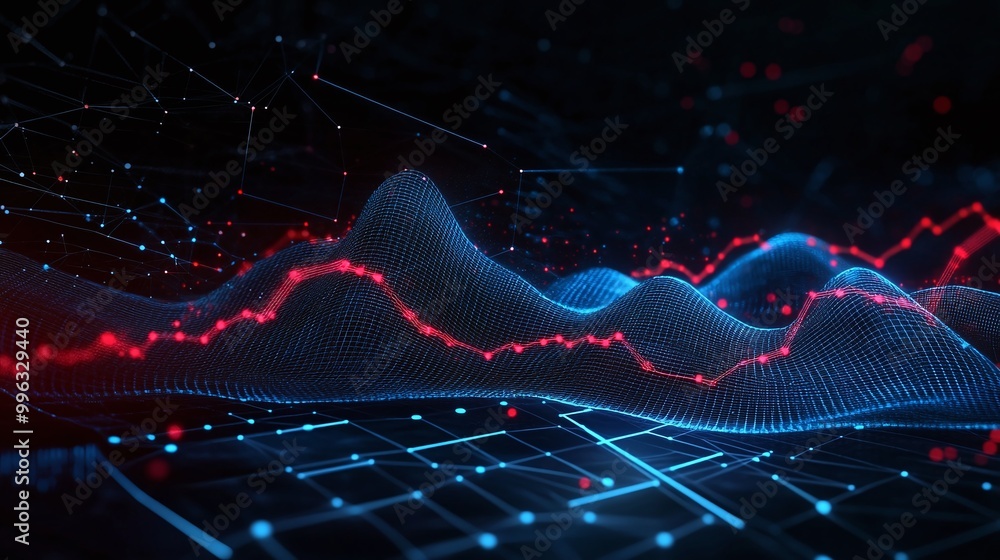 Poster abstract digital data visualization with colorful graphs and lines on a dark background.