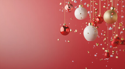 Festive Christmas ornaments in red, white, and gold hang against vibrant red background, creating joyful and celebratory atmosphere perfect for holiday season