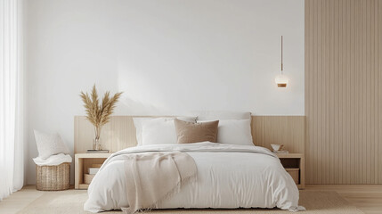 A serene bedroom featuring cozy bed with white bedding, complemented by natural elements like woven basket and decorative plants. soft lighting creates calming atmosphere
