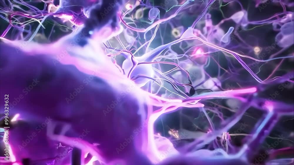 Poster a close-up view of a neuron, showcasing its branching structure and connections, often associated wi