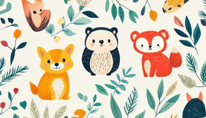 Naklejka premium Colorful crayon-drawn animals and plants, nature-inspired, flat design illustration