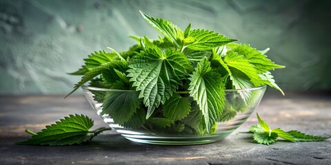Leaves of fresh green nettle salad in a glass bowl on a gray concrete table Nature s Bounty Vibrant Nettle Leaves and Salad Ense