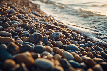 Obraz premium Close up shot rock and gravel on the beach with sea wave, Landscape view of beach full of gravel and gemstone.