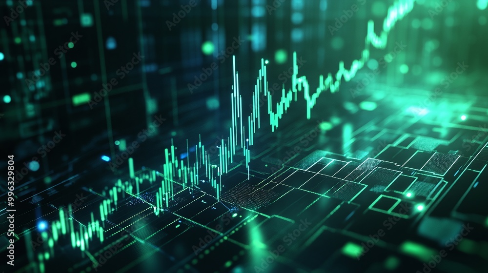 Poster abstract digital data visualization with dynamic graph lines and glowing elements on a dark backgrou