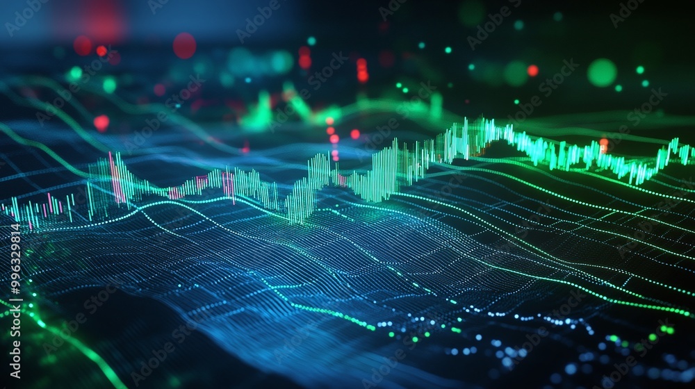 Poster abstract digital data visualization with dynamic graphs and glowing lines, representing financial tr