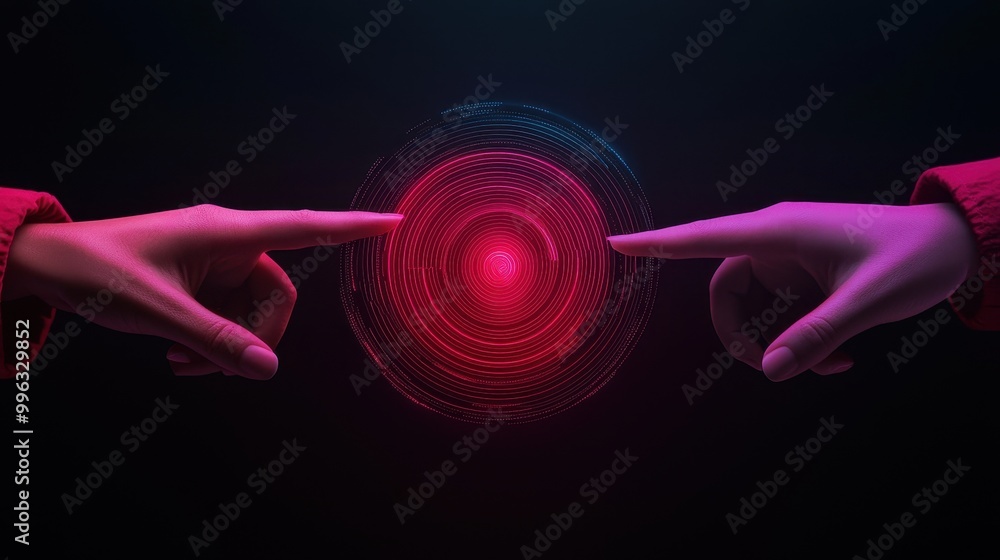 Poster two hands reaching towards a glowing red circular interface on a dark background.