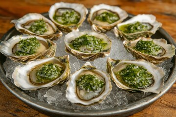 Fresh Oysters on Ice with Green Herb Garnish