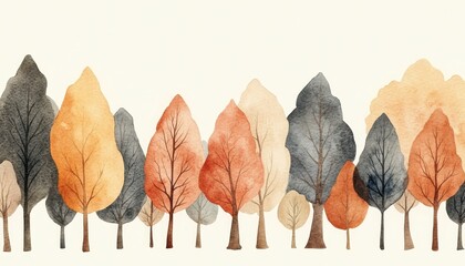 Delicate watercolor trees, muted earthy tones, flat design illustration