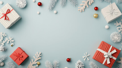 Fototapeta premium Festive gifts and decorations create cheerful holiday atmosphere. arrangement features colorful presents, ornaments, and winter foliage, perfect for seasonal celebrations