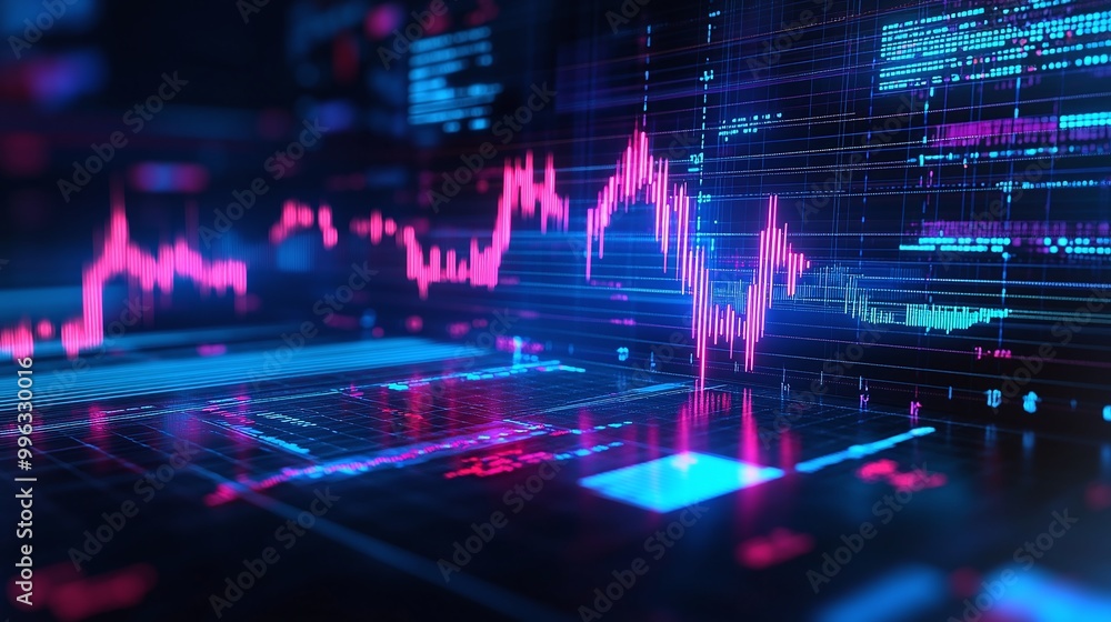 Poster abstract digital data visualization with glowing charts and graphs on a dark background, representin