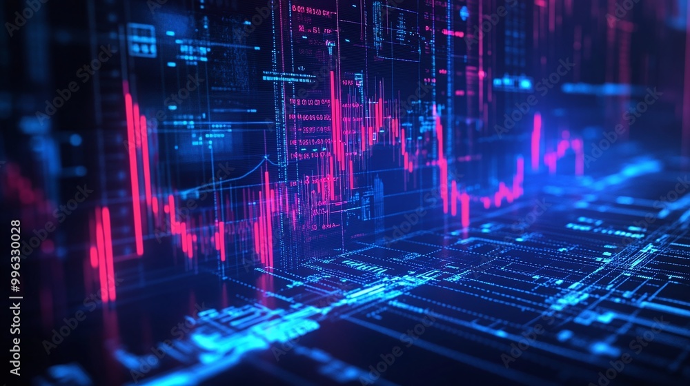 Poster abstract digital data visualization with glowing blue and red lines representing financial or techno