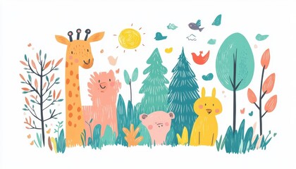 Fototapeta premium Wax crayon animals and forest, vibrant nature theme, flat design illustration